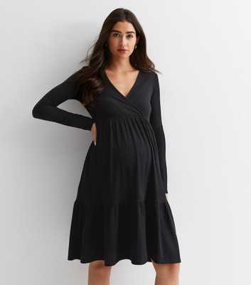 Maternity Black Ribbed Wrap Mini Dress