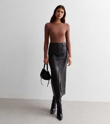 Tall Black Leather-Look Split Hem Midi Skirt