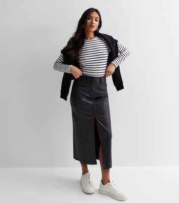 Petite Black Leather-Look Coated Split Hem Midi Skirt