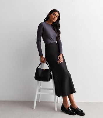 Black satin hotsell midi skirt outfit