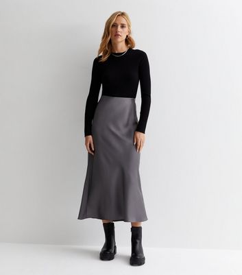 Dark Grey Satin Bias Cut Midi Skirt | New Look