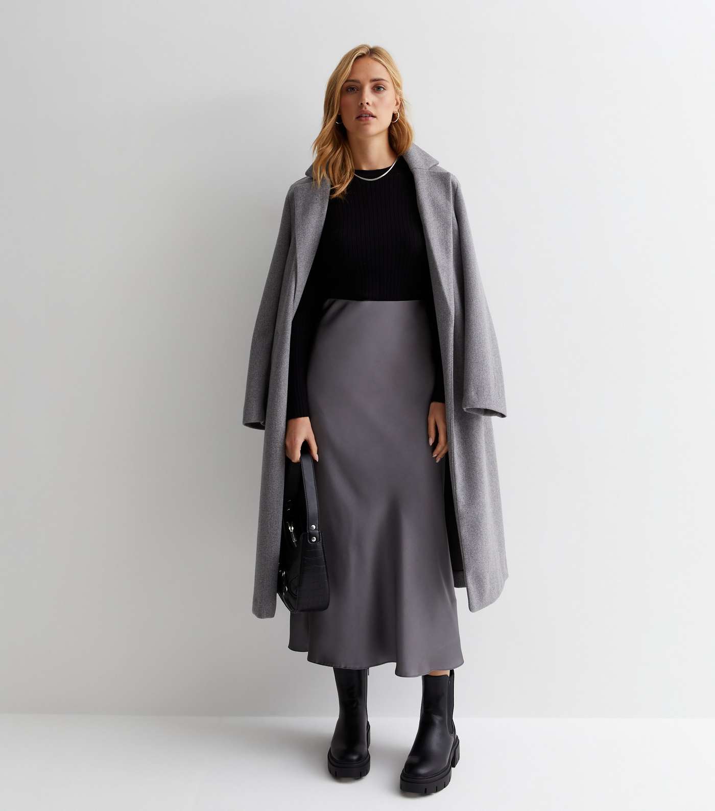 Dark Grey Satin Bias Cut Midi Skirt Image 3