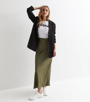 Olive Satin Bias Cut Midi Skirt New Look