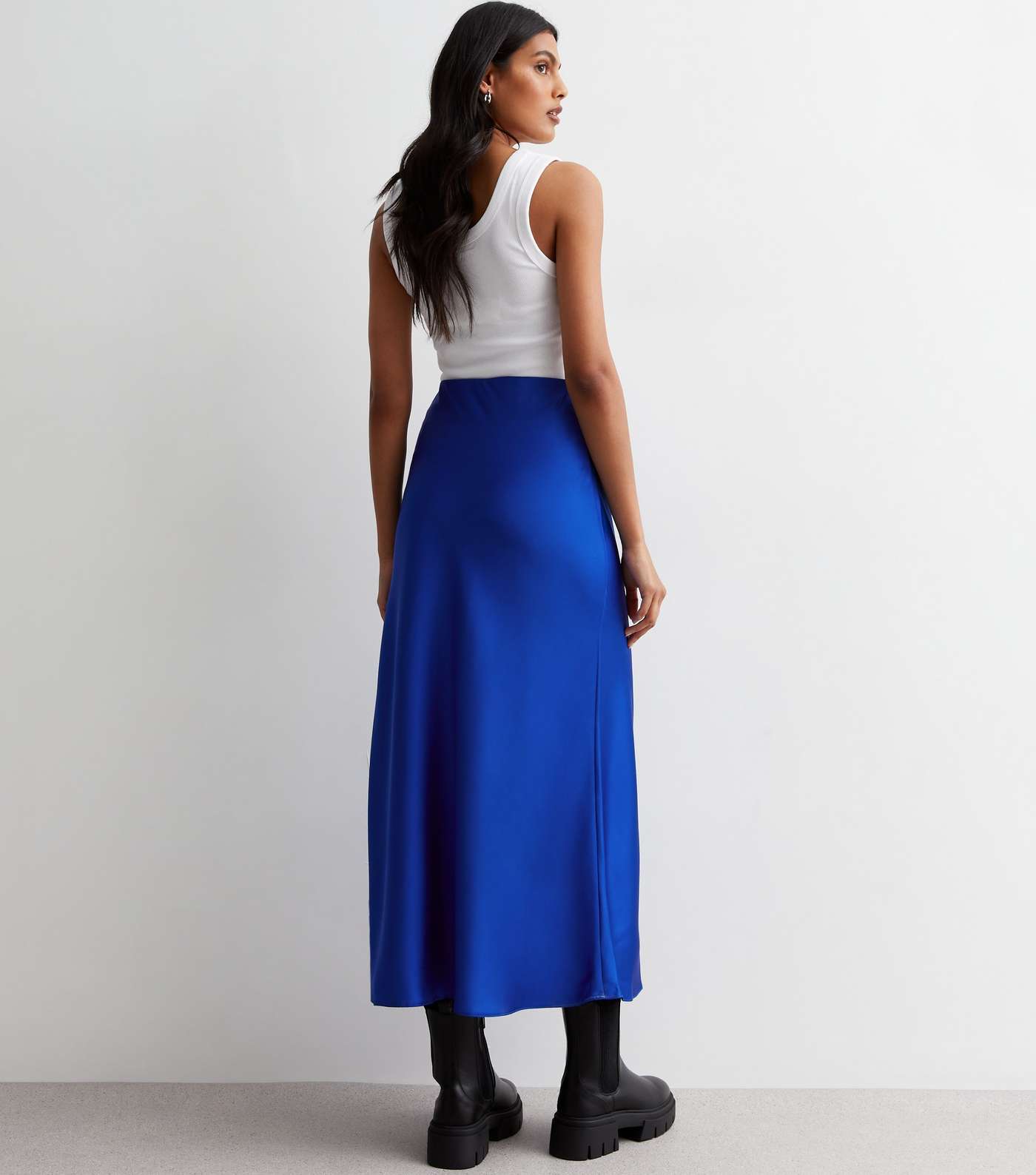 Bright Blue Satin Bias Cut Midi Skirt Image 4