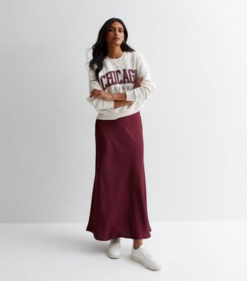 Burgundy Satin Bias Cut Midi Skirt New Look