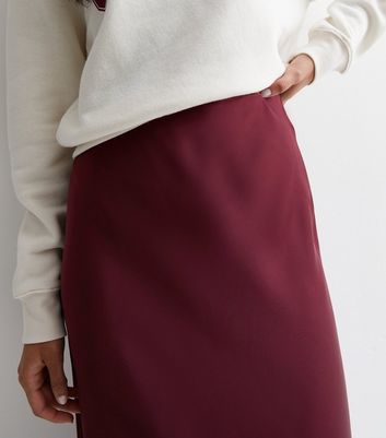 Burgundy Satin Bias Cut Midi Skirt New Look