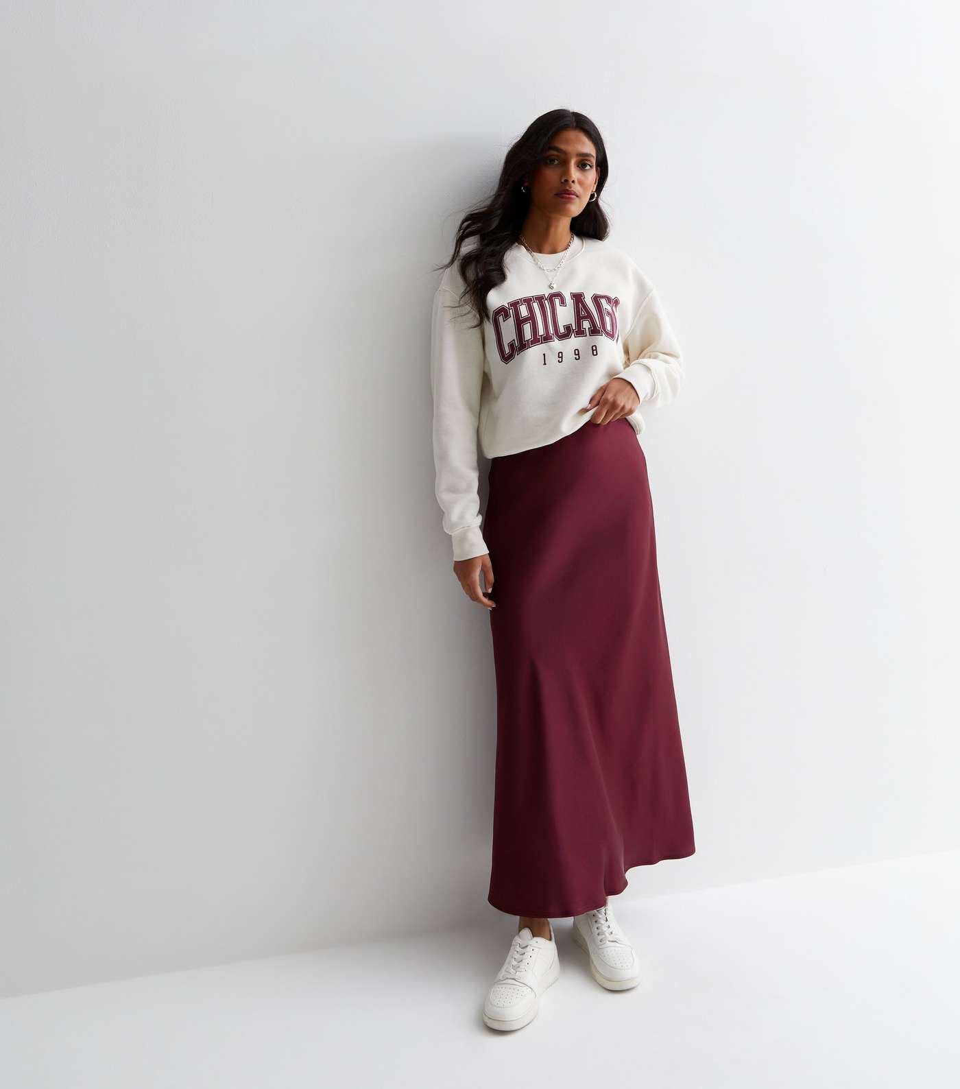 Burgundy Satin Bias Cut Midi Skirt Image 3