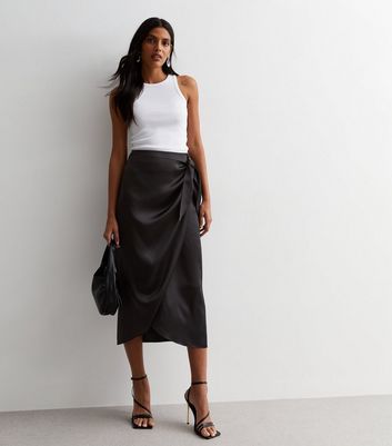 Curves Black Satin Sarong Midaxi Skirt
