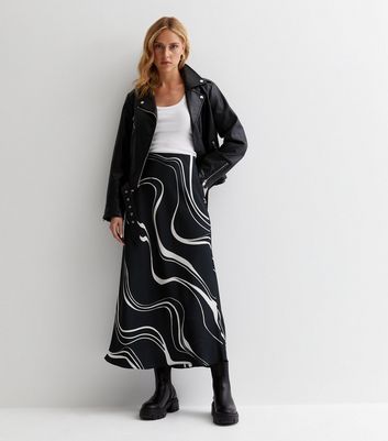 Black Wave Print Satin Bias Cut Midi Skirt New Look