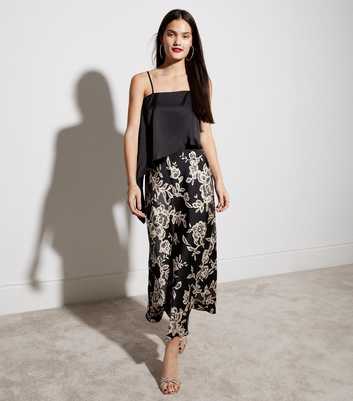 Black Floral Lace Print Satin Bias Cut Midaxi Skirt