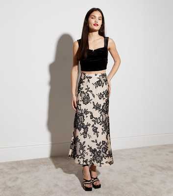 Cream Floral Lace Print Satin Bias Cut Midaxi Skirt