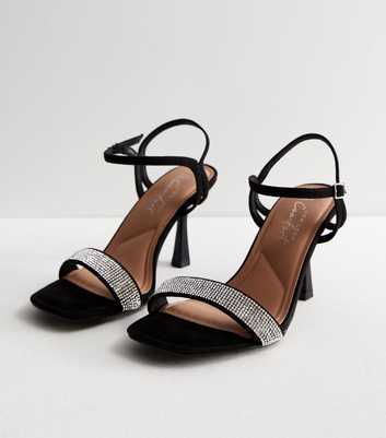 Extra Wide Fit Black Diamanté 2 Part Stiletto Heel Sandals