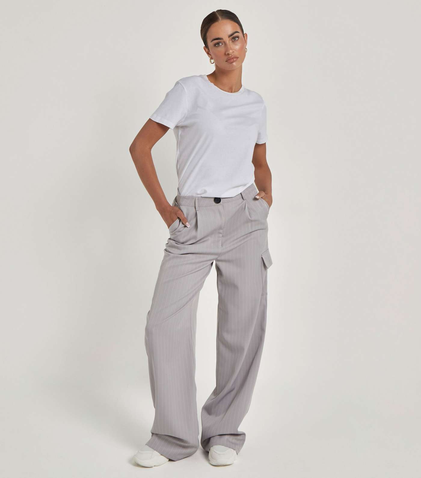 Urban Bliss Grey Pinstripe Wide Leg Cargo Trousers Image 3