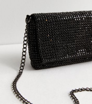 Black Diamante Slouch Clutch Bag New Look