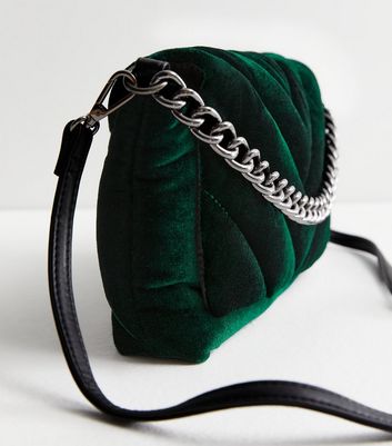 Dark Green Quilted Velvet Cross Body Bag New Look