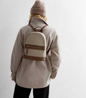 Brown Leather Look Monogram Backpack New Look