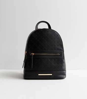 Black Leather-Look Embossed Midi Backpack