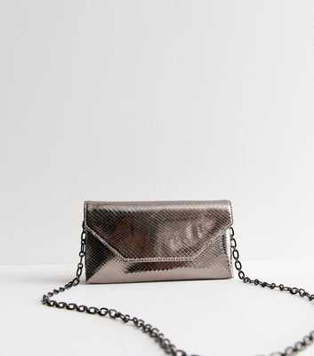 Pewter Metallic Croc Effect Chain Clutch Bag