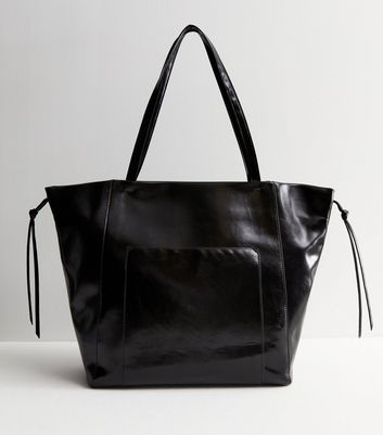 Black Patent Ruched Tote Bag New Look Vegan