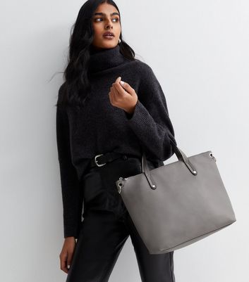 Dark Grey Leather Look Slouch Tote Bag New Look