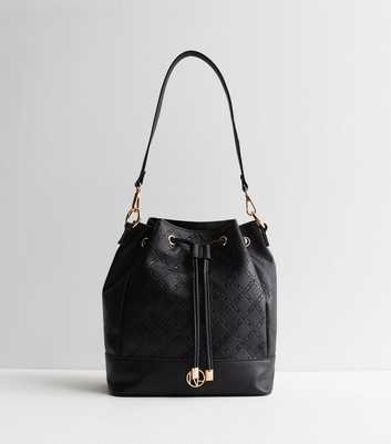 Black Embossed Leather-Look Drawstring Bucket Bag