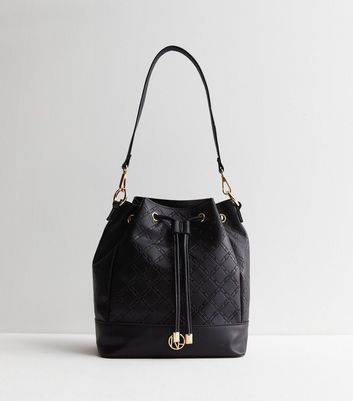 Black leather discount drawstring bucket bag