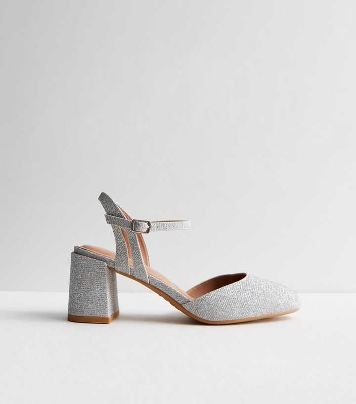 Silver 2 Part Mid Block Heel Court Shoes