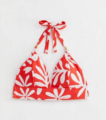 Curves Red Floral Triangle Bikini Top New Look