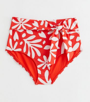 Curves Red Floral Print Tie Bikini Bottoms New Look