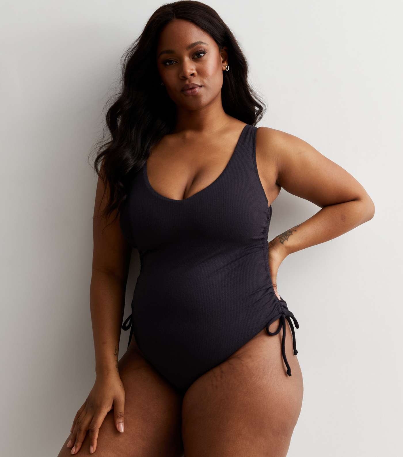 Curves Black Ruched Side Swimsuit Image 3