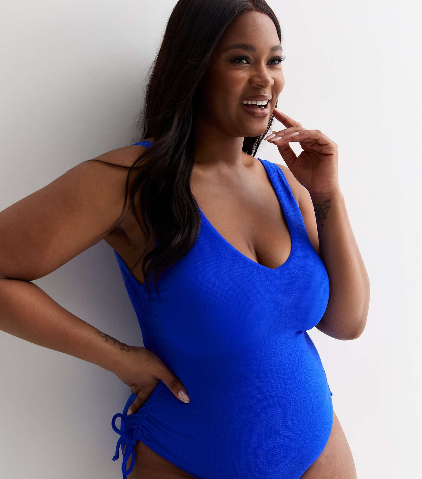 Curves Blue Ruched Side Swimsuit Image 3