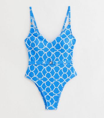 Blue Geometric Print Diamante Belted Swimsuit New Look