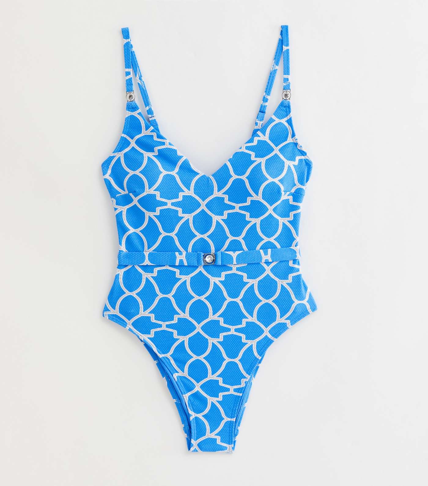 Blue Geometric Print Diamanté Belted Swimsuit Image 6