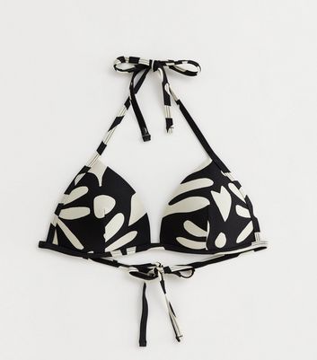 Black Floral Moulded Triangle Bikini Top New Look