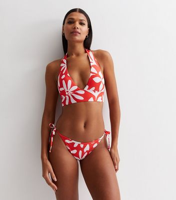 Red Leaf Print Halter Bikini Top New Look