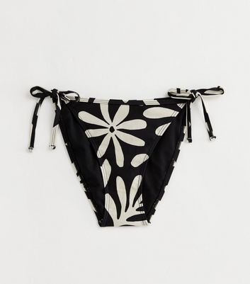 Black Floral Print Tie Side Bikini Bottoms New Look