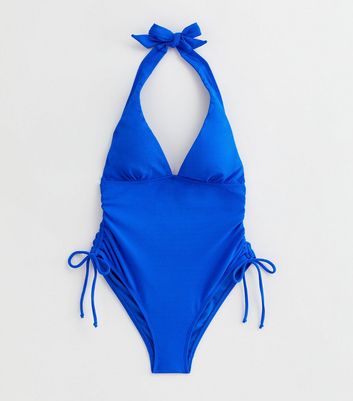 Bright Blue Ruched Halter Neck Swimsuit New Look