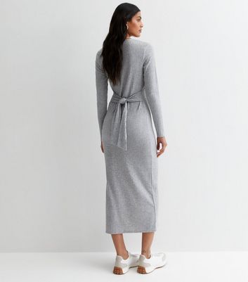 Dark Grey Ribbed Jersey Split Hem Midaxi Dress New Look
