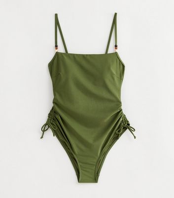 Khaki Square Neck Ruched Side Swimsuit New Look