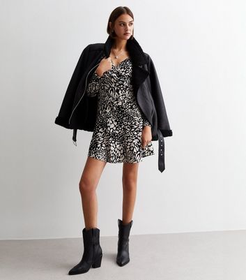 Black Leopard Print Asymmetric Wrap Mini Dress New Look