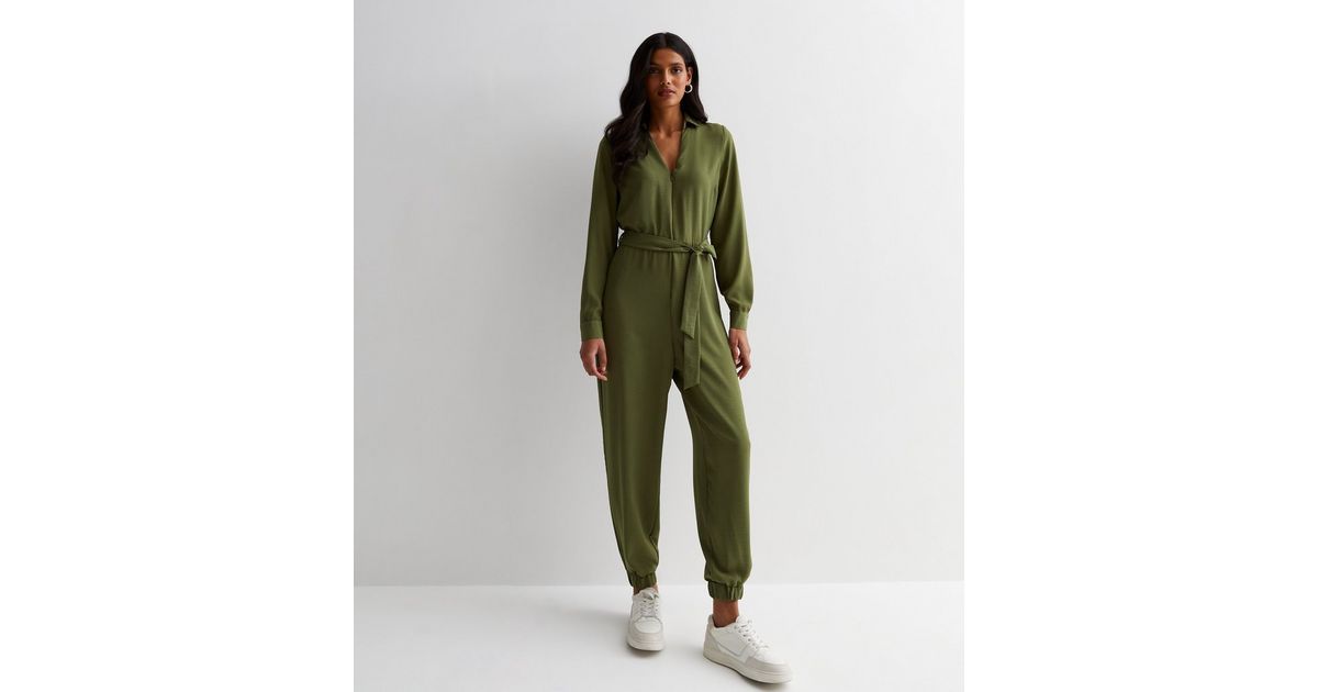 Khaki Collared Zip Up Cuffed Jumpsuit New Look
