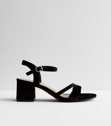 Black Velvet Strappy Low Block Heel Sandals New Look