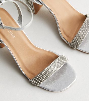 Silver Metallic Embellished Ankle Strap Block Heel Sandals New Look