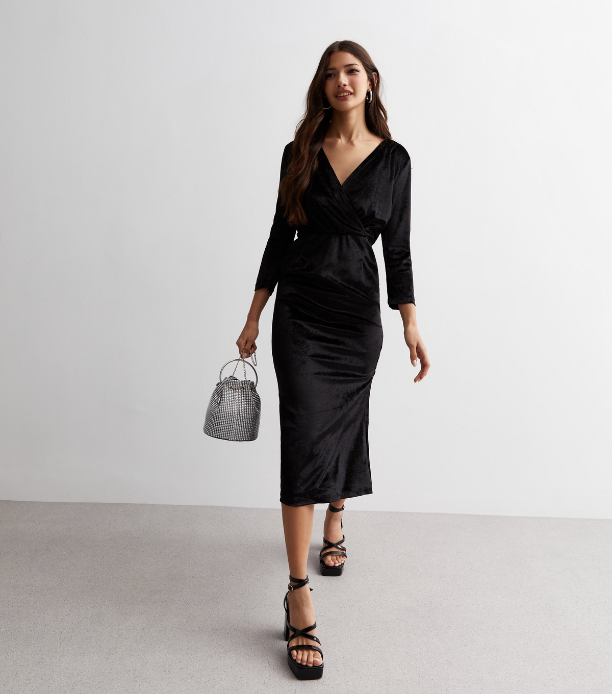 Women's Black Velvet Midi Skater Dress Gini London New Look