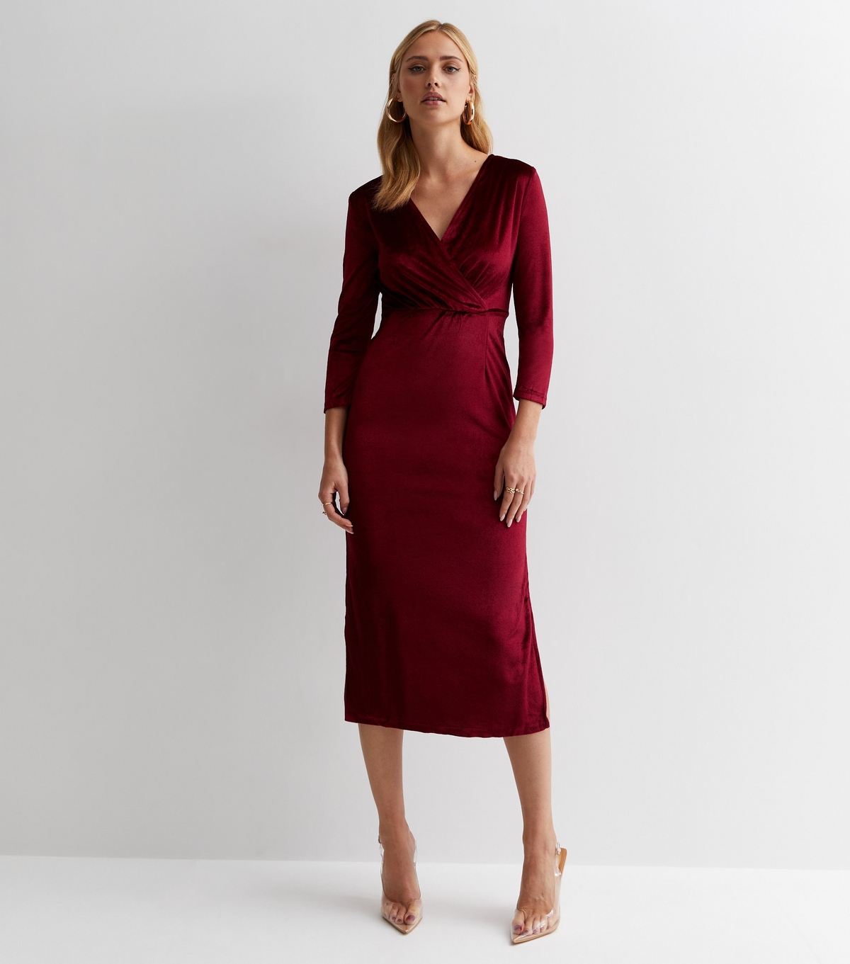 Women's Burgundy Velvet Midi Skater Dress Gini London New Look