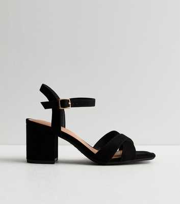 Wide Fit Black Suedette 2 Part Block Heel Sandals
