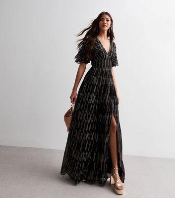Gini London Black Sequin Stripe Flutter Sleeve Maxi Dress New Look
