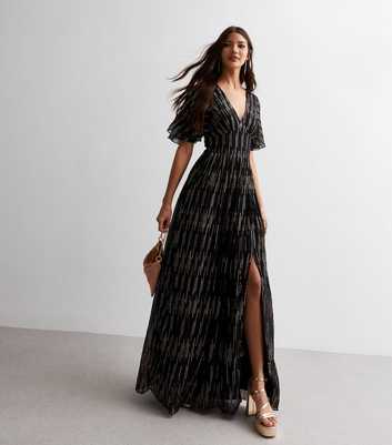 Gini London Black Sequin Stripe Flutter Sleeve Maxi Dress