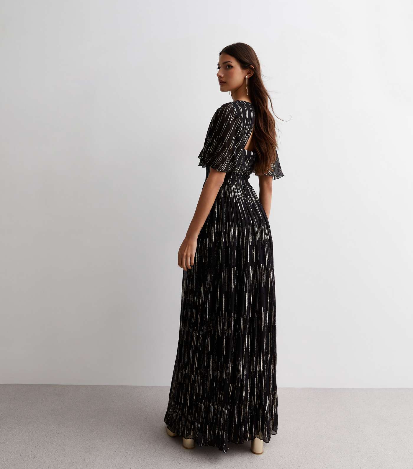 Gini London Black Sequin Stripe Flutter Sleeve Maxi Dress Image 4
