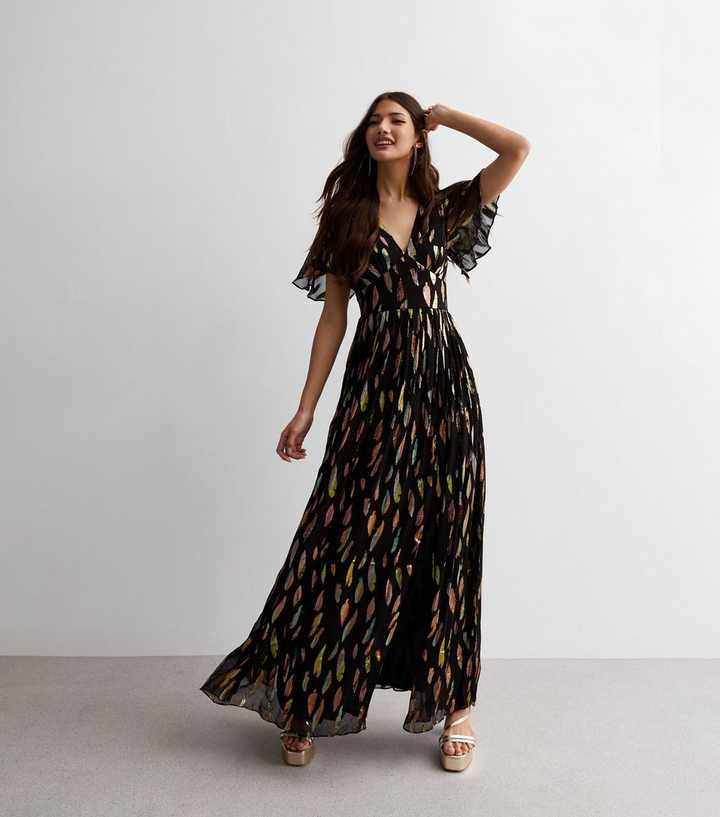 Gini London Black Metallic Abstract Print Flutter Sleeve Maxi Dress
